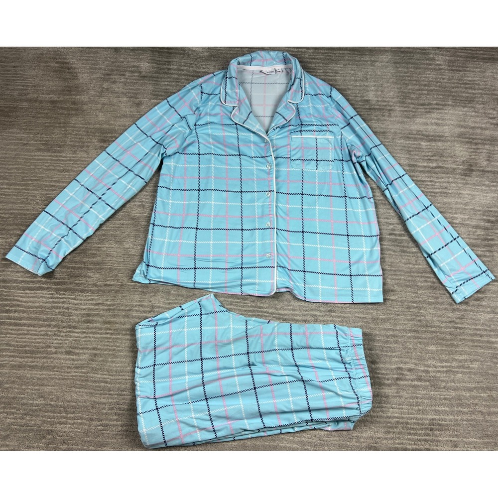 Kim Rogers Pajama Set Womens Large Blue Plaid Long Sleeve Button Top Pants‎ Set